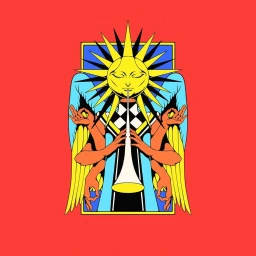 Surreal digital illustration by Iain Macarthur featuring a sun deity with multiple arms playing a trumpet against a bright red background.