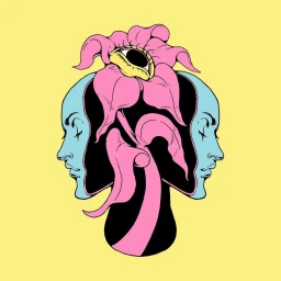 Surreal digital illustration by Iain Macarthur featuring two profile faces merging with a giant pink flower containing an eye.
