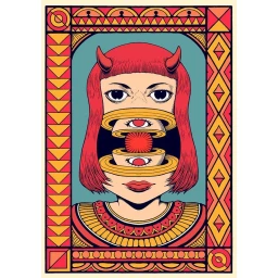 Surreal digital illustration by Iain Macarthur featuring a horned woman portrait with split head and eyes.