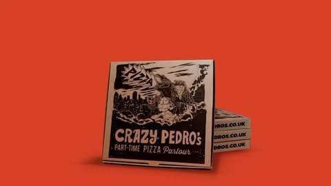 Two stacked pizza boxes, the top one facing forward with retro-style black-and-white illustration and text, against a red background.