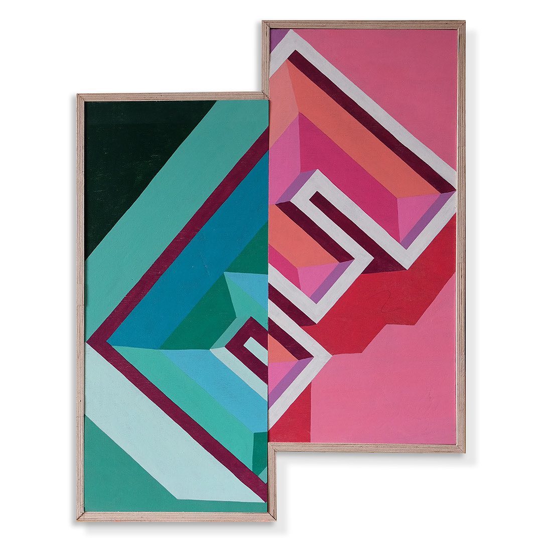Abstract wall art featuring geometric shapes and patterns in pink, green, and turquoise, framed in light wood, offering a modern aesthetic.
