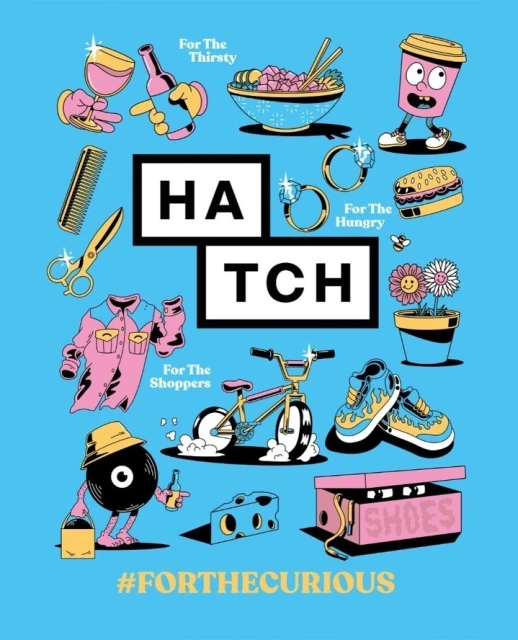 Colorful illustrative design featuring a variety of foods, drinks, fashion, and everyday objects against a light-blue background.