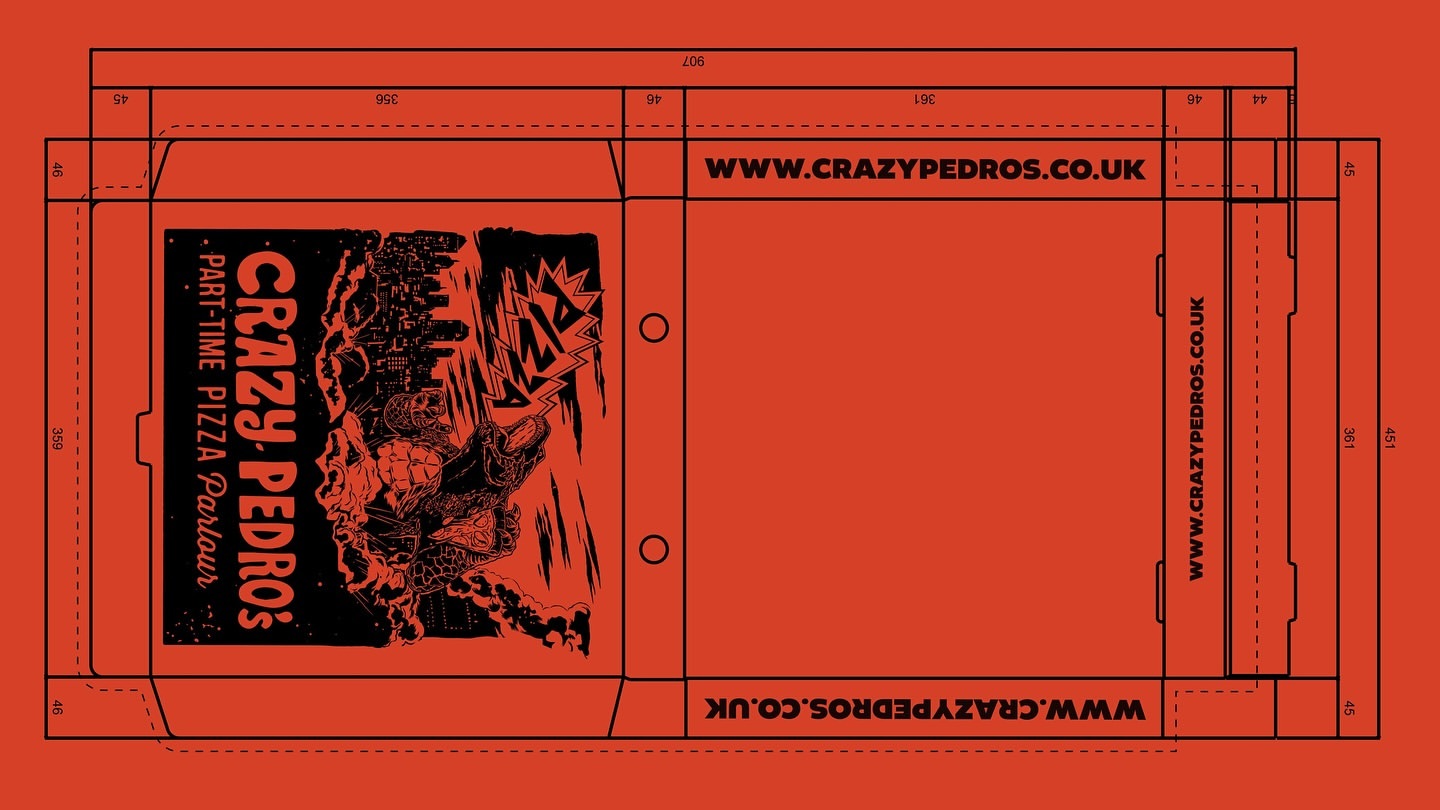 Diagram of a pizza box design in red and black with the logo and website for Crazy Pedro's Part-Time Pizza Parlour.