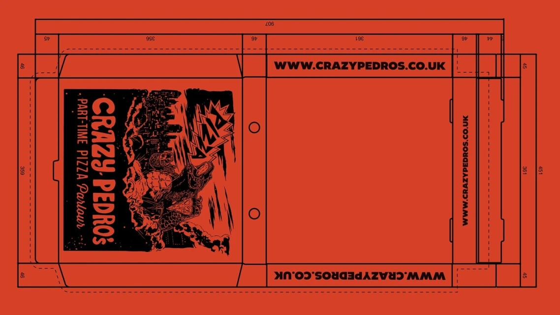 Diagram of a pizza box design in red and black with the logo and website for Crazy Pedro's Part-Time Pizza Parlour.
