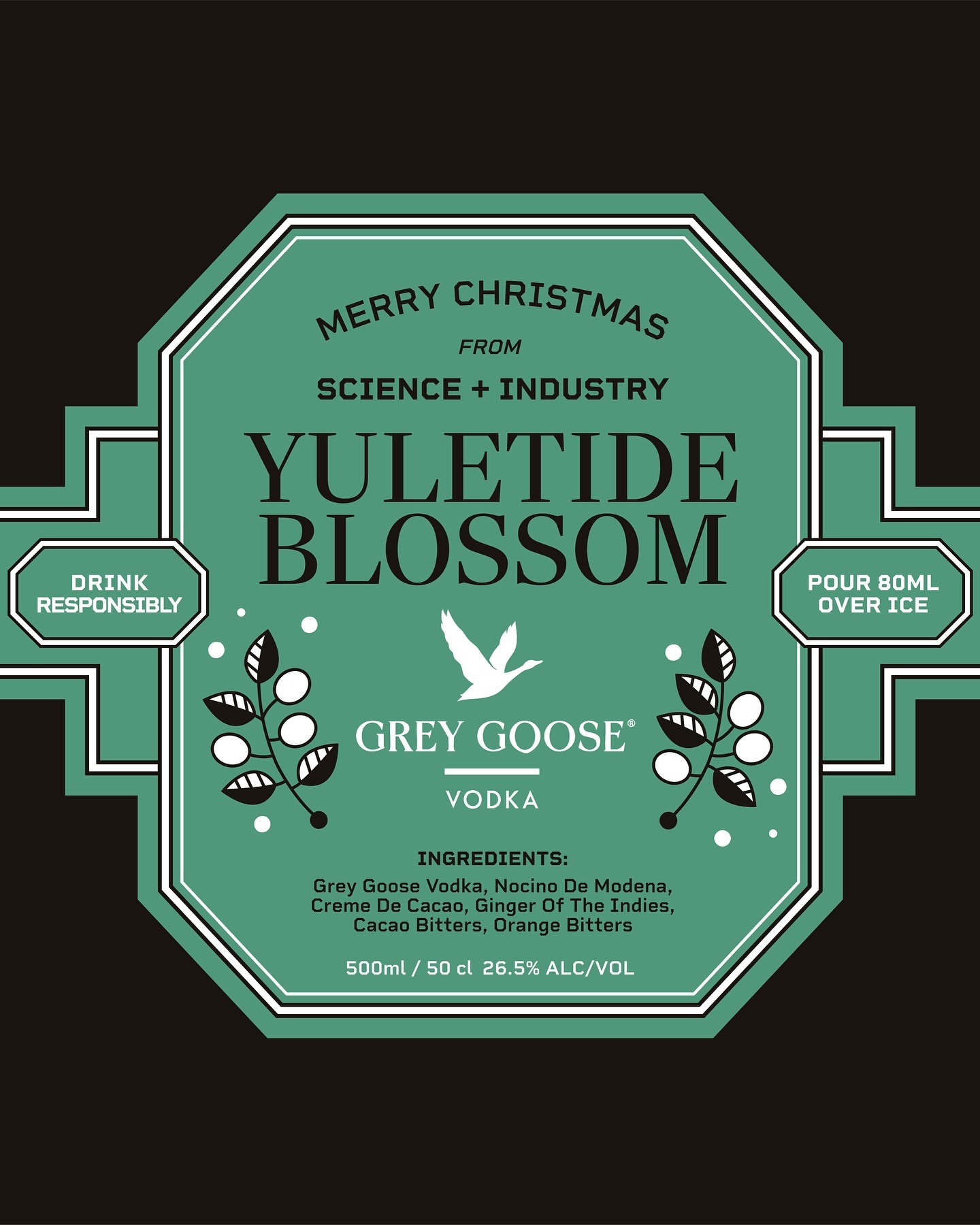 Grey Goose Vodka 'Yuletide Blossom' ad featuring a decorative teal label with holiday messaging on a dark background.