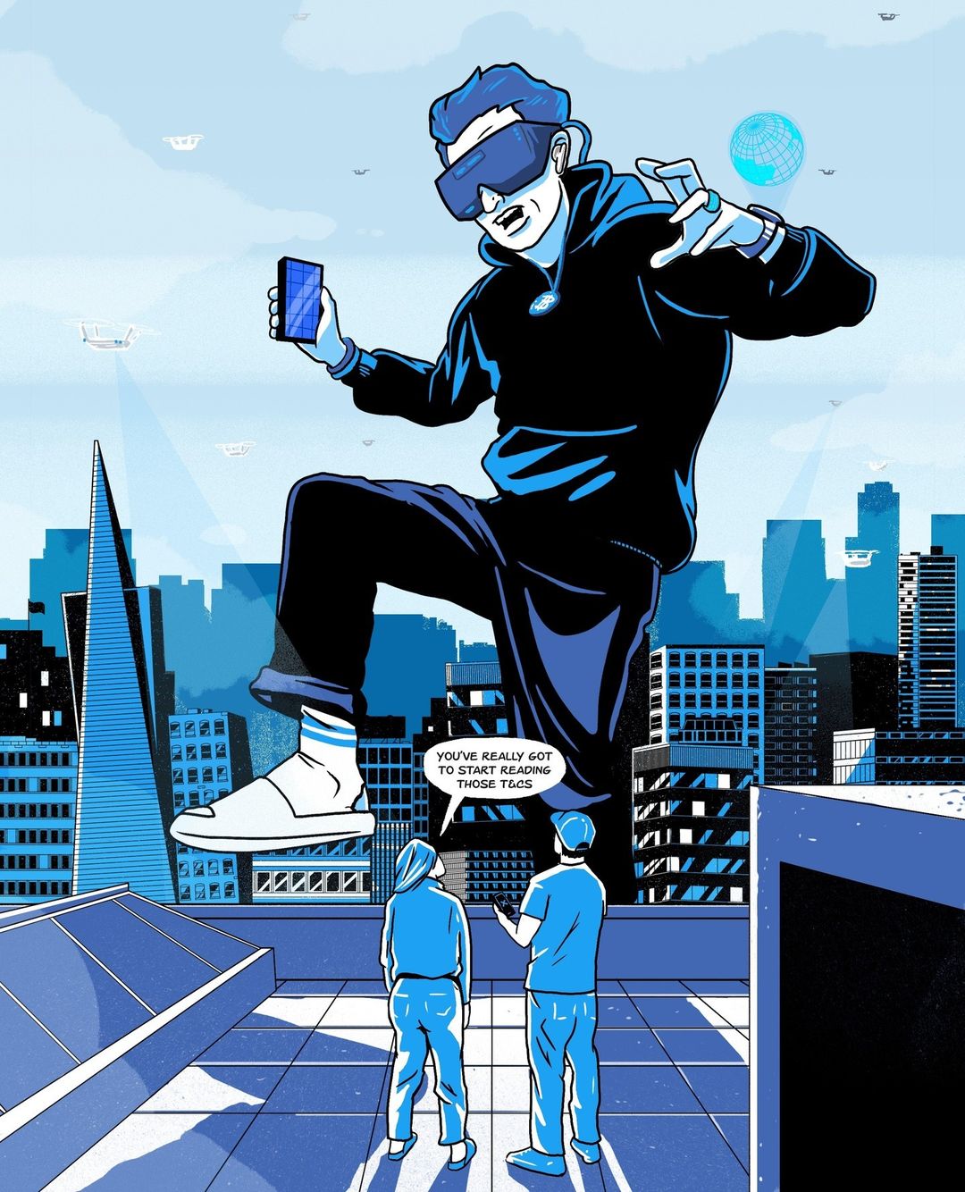 Illustration of a giant wearing VR headset towering over a city as two people talk on a rooftop, rendered in shades of blue.