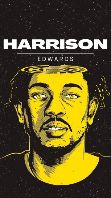 Illustrated portrait of Harrison Edwards with a yellow and black design, featuring an overhead maze and a starry, dark background.