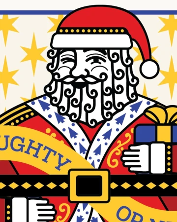 Illustration of Santa Claus holding a present with 'Naughty or Nice' text, on a background with stars, using red, yellow, and blue colors.