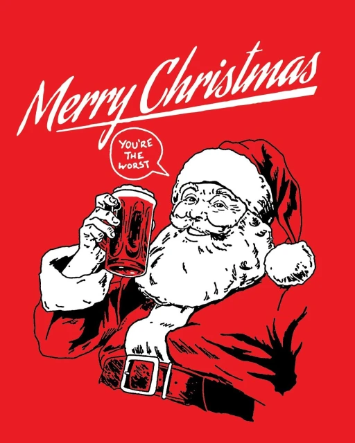 Illustration of Santa Claus holding a beer mug with the words 'Merry Christmas' in white on a red background.