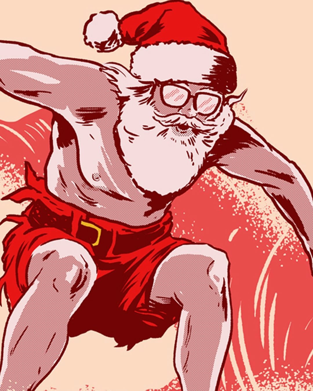 Illustration of Santa Claus in a red Santa hat and swim trunks, surfing on a wave. Halftone dot pattern creates a pop art style.