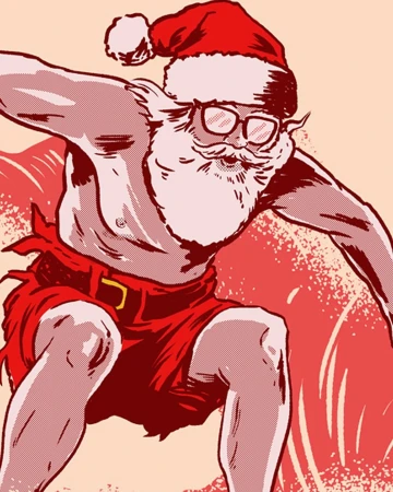 Illustration of Santa Claus in a red Santa hat and swim trunks, surfing on a wave. Halftone dot pattern creates a pop art style.