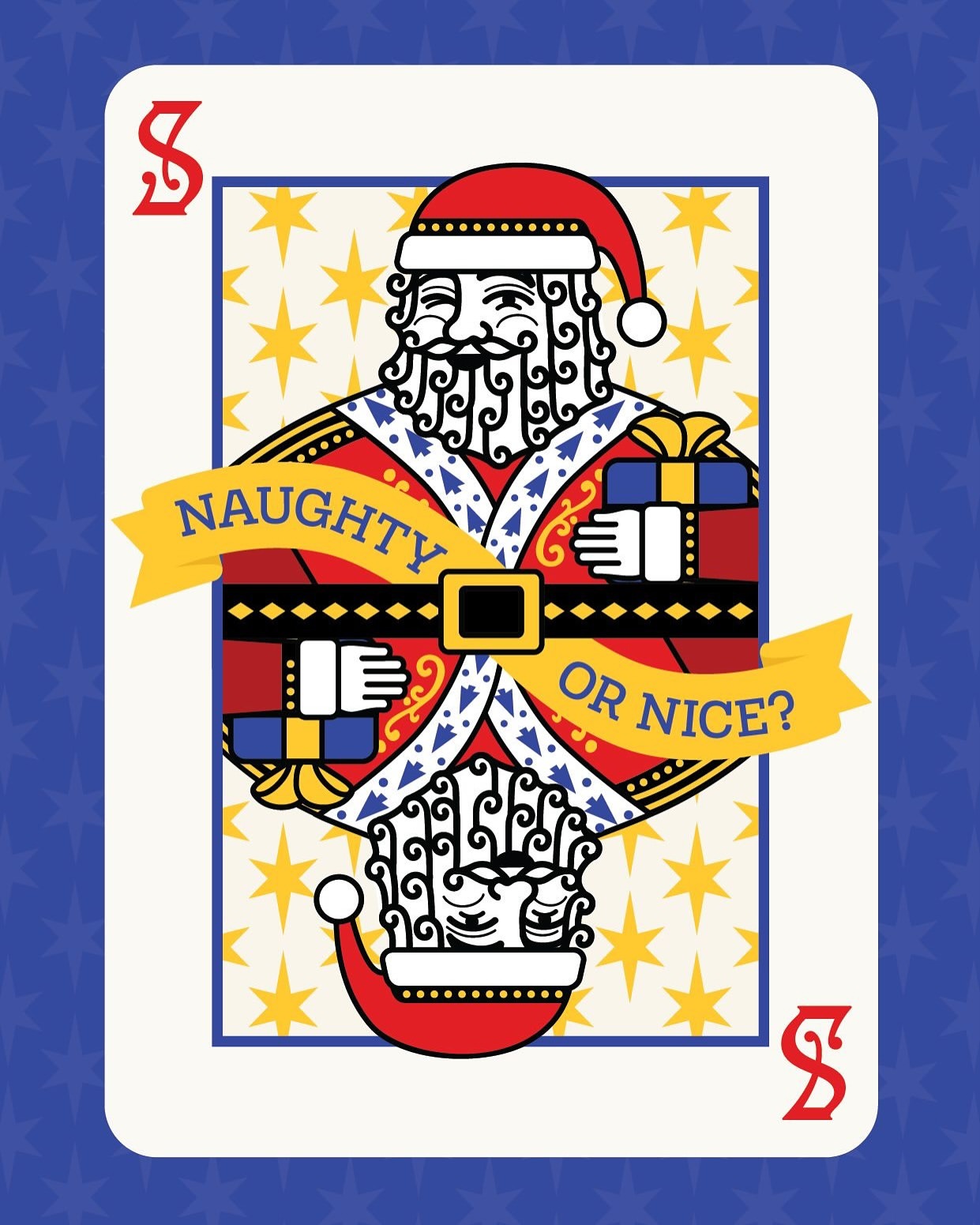 Digital illustration of a playing card with a Santa Claus figure, gifts, and text 'Naughty or Nice?' on a blue star background.