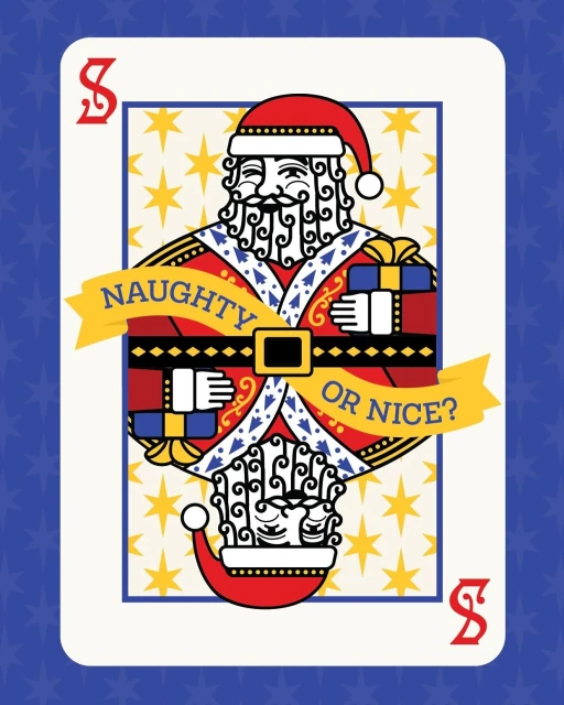 Digital illustration of a playing card with a Santa Claus figure, gifts, and text 'Naughty or Nice?' on a blue star background.