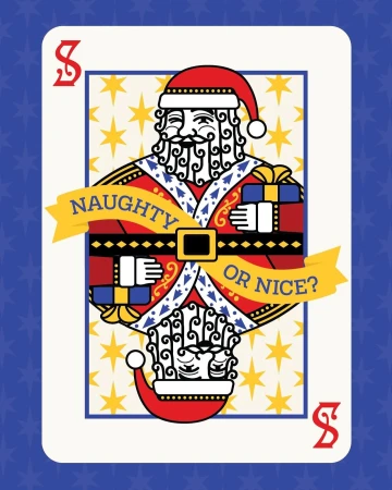 Digital illustration of a playing card with a Santa Claus figure, gifts, and text 'Naughty or Nice?' on a blue star background.