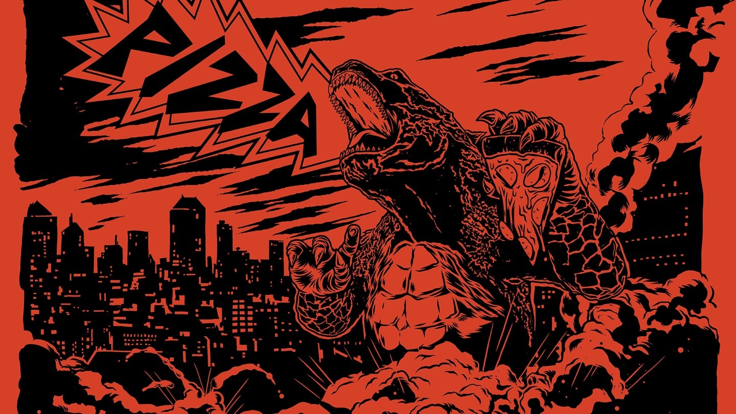 Illustration of a dinosaur holding a slice of pizza, with a city skyline and stylized text against a red background.