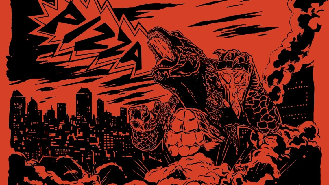 Illustration of a dinosaur holding a slice of pizza, with a city skyline and stylized text against a red background.