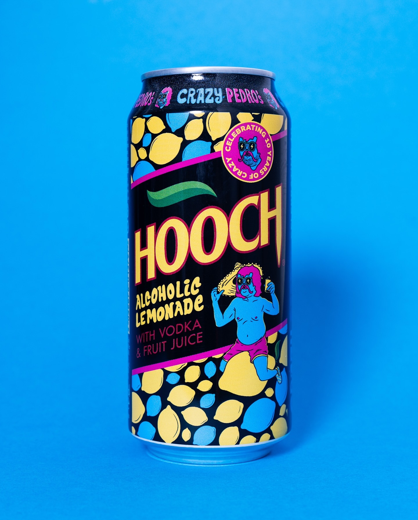 A can of Hooch Alcoholic Lemonade stands on a blue background. The can features lemons and a cartoon figure.