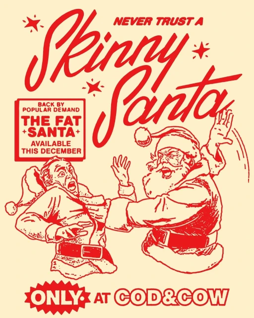 Illustration of a skinny Santa being confronted by an angry, robust Santa, with distressed red linework on a cream background in a vintage style.