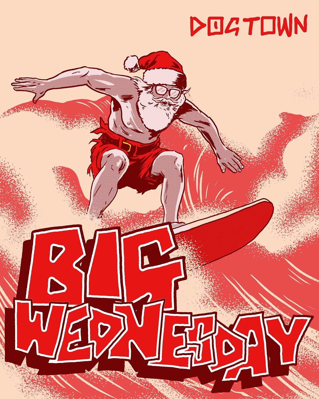 Illustration of Santa Claus surfing a wave on a red surfboard in red swim trunks and Santa hat with the text Big Wednesday below.