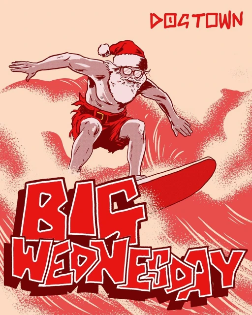 Illustration of Santa Claus surfing a wave on a red surfboard in red swim trunks and Santa hat with the text Big Wednesday below.