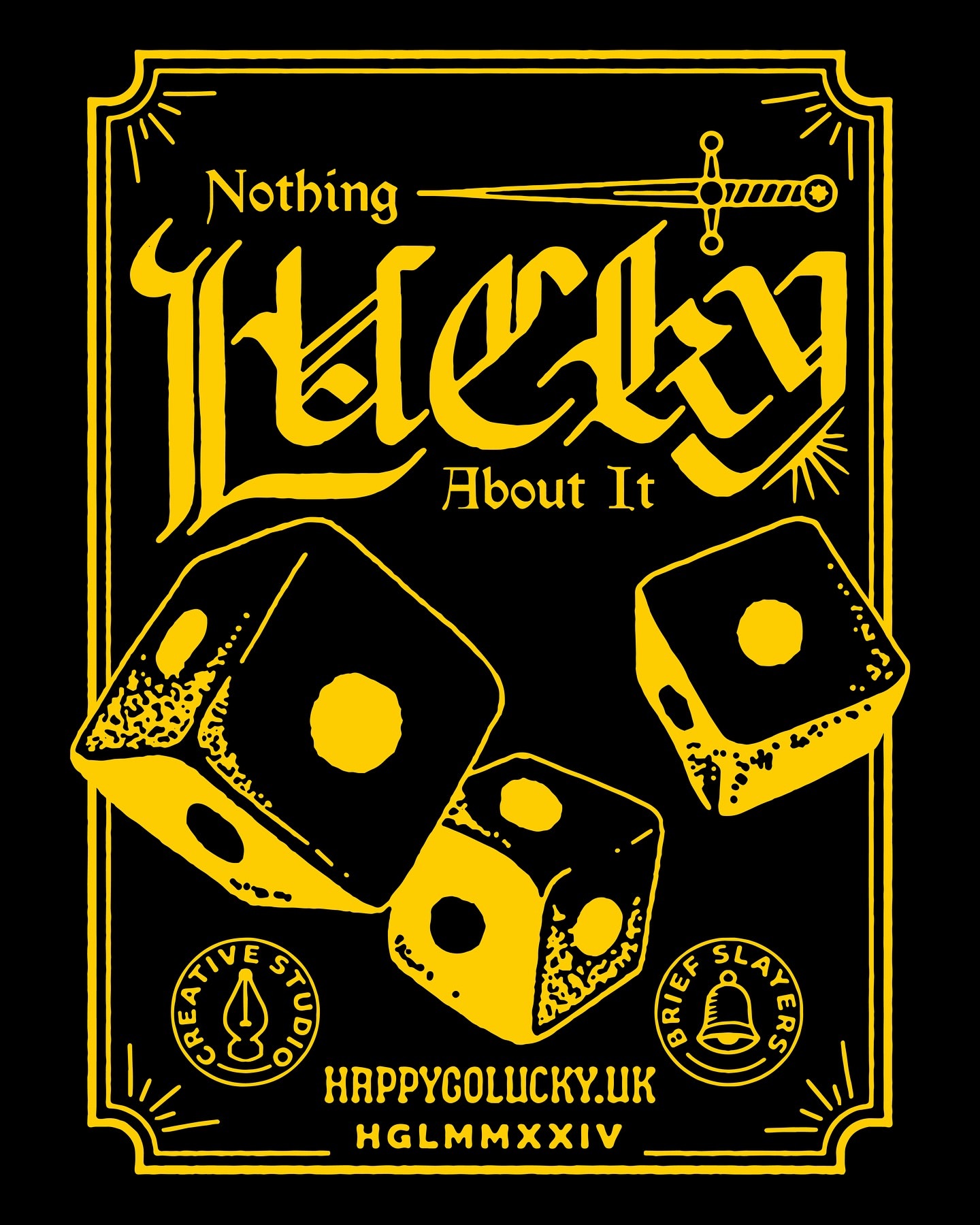 Digital art featuring the word 'Lucky' with dice and a sword illustration in yellow on a black background, creative studio logos visible.