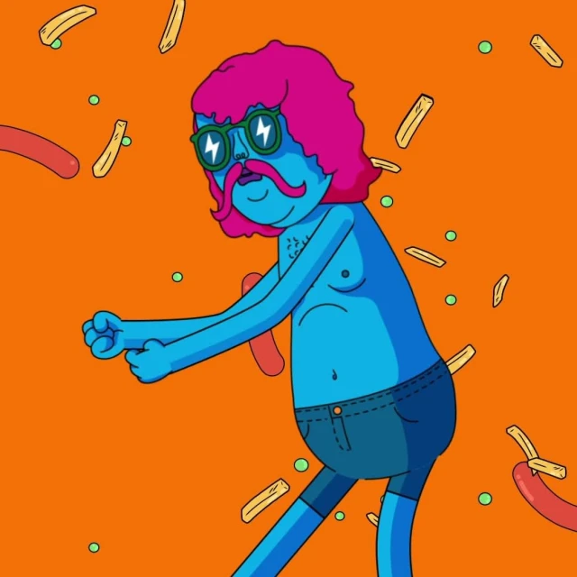 Stylized illustration of a blue cartoon character with pink hair and a mustache, wearing glasses with lightning bolts, against an orange backdrop.