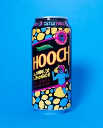 Close-up product shot of a black beverage can with vibrant lemon graphics and Hooch alcoholic lemonade branding against a blue background.