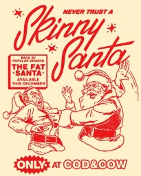 Red line illustration of Santa Claus pushing a frightened man wearing a santa hat, set against an off-white background.