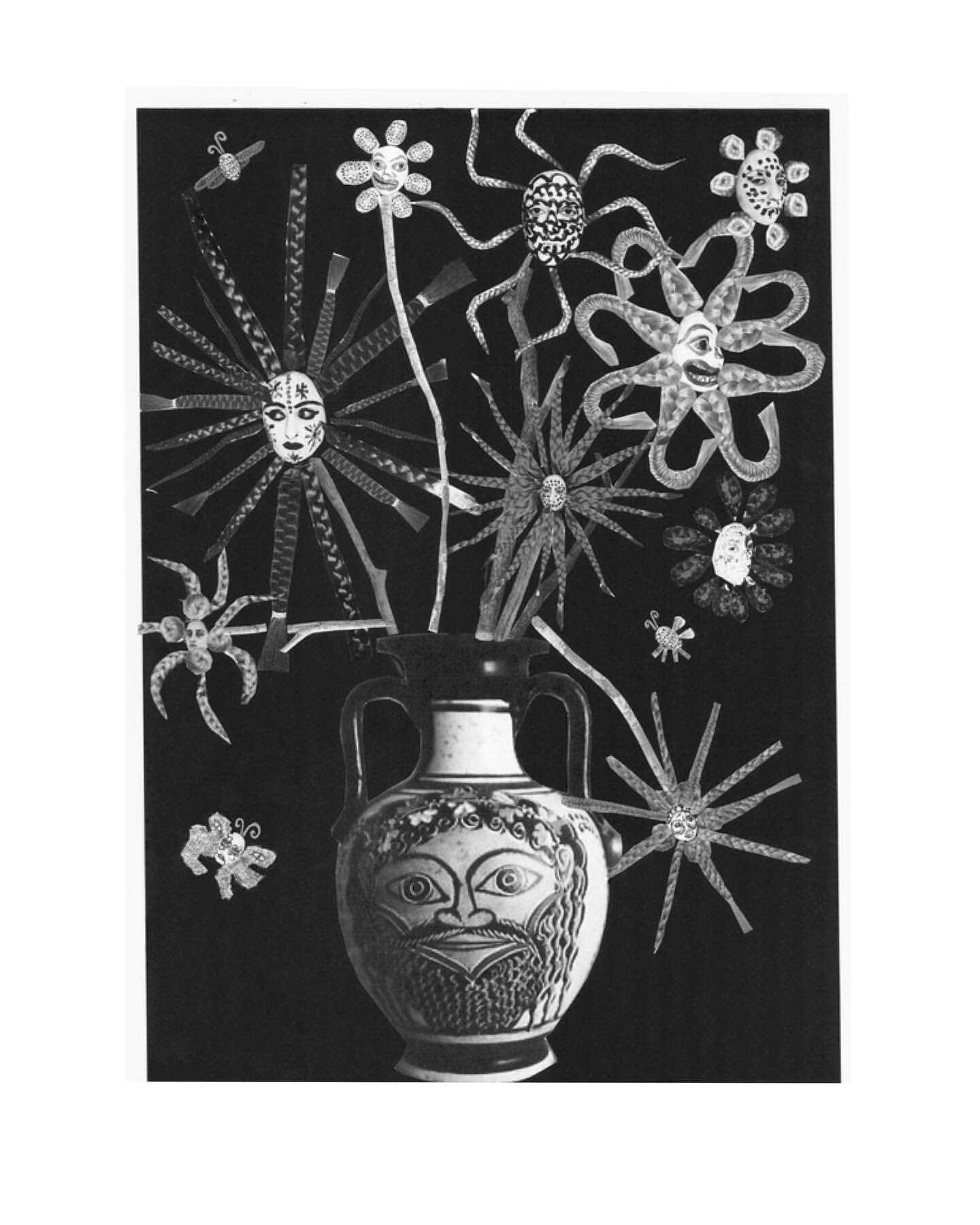 Black and white artistic image of a vase filled with abstract sun-like figures and insect-like shapes on a dark background.