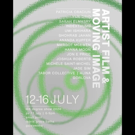 Art exhibition poster featuring a list of artists, the title 'Artist Film & Moving Image', event dates July 12-16, and degree show details.