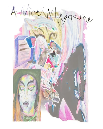 Art collage of a fashion magazine cover featuring a woman's portrait, makeup details, and abstract background elements in colorful tones.