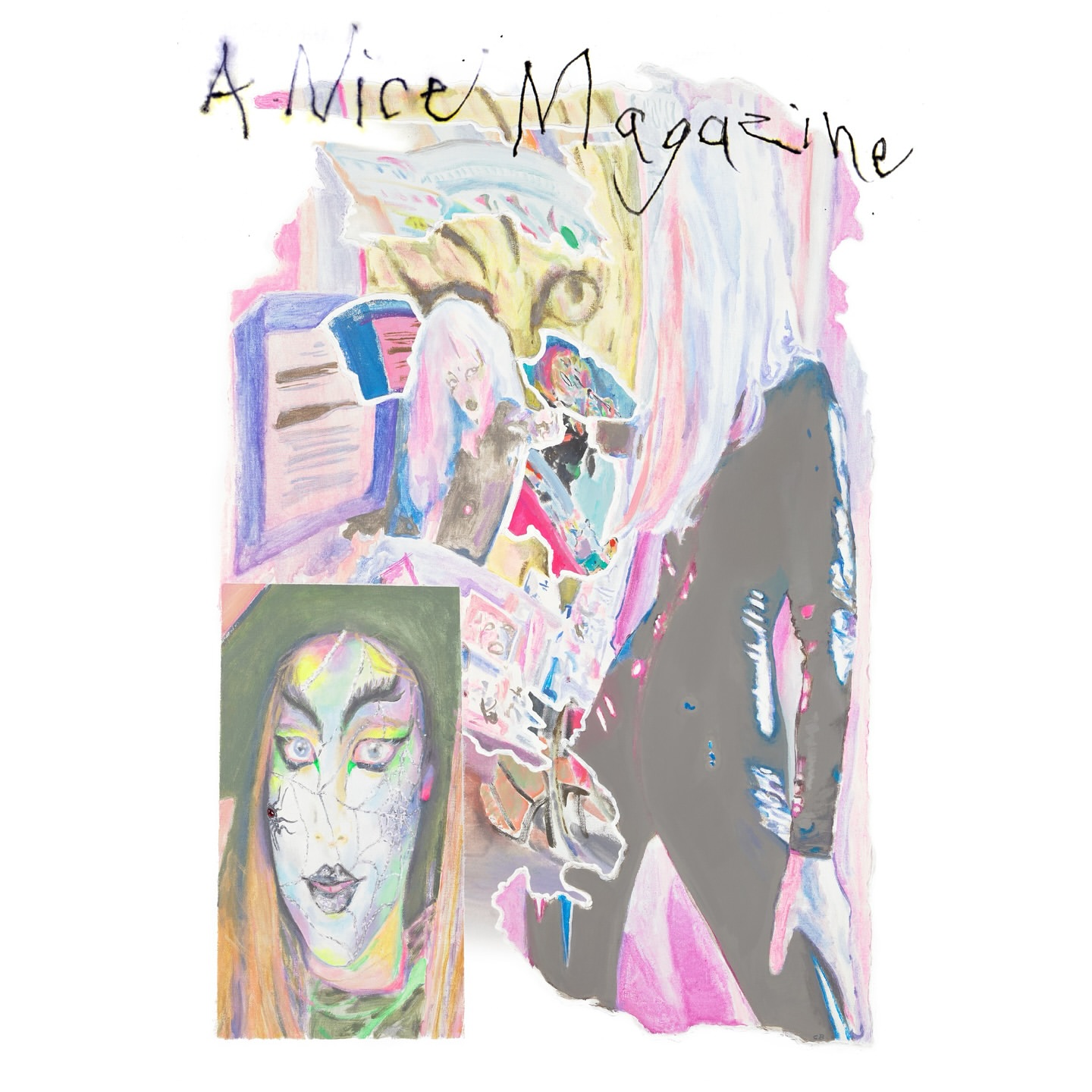 Abstract magazine cover art with a fashion portrait, office equipment, and prominent text 'A Nice Magazine' against a white background.