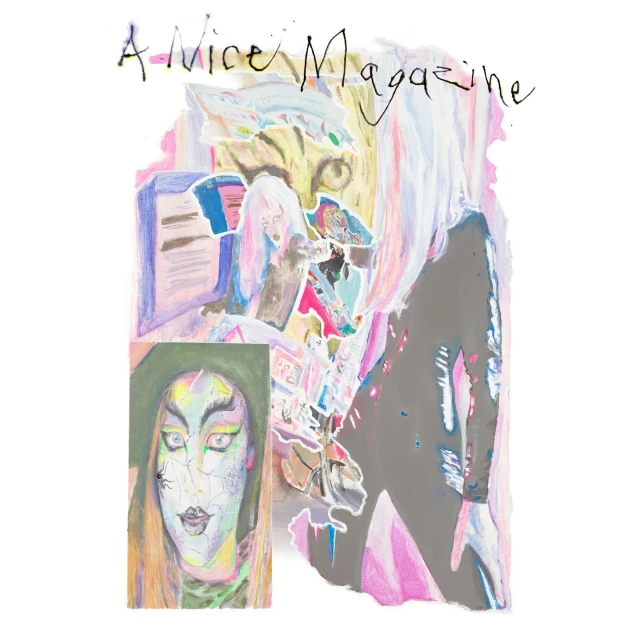 Abstract magazine cover art with a fashion portrait, office equipment, and prominent text 'A Nice Magazine' against a white background.