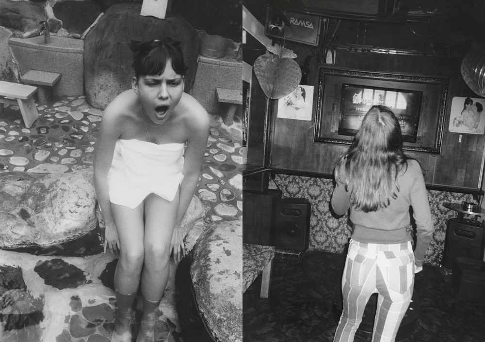Split image in black and white: woman in towel yawning in a stone pool and another with striped pants dancing in a dark room.