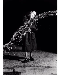 Black and white portrait of a person standing outdoors at night as water splashes across their face by photographer Hanna Moon