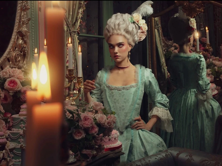 Two fair-skinned adult females dressed in Rococo style blue gowns and white powdered wigs pose in a dimly lit interior room.