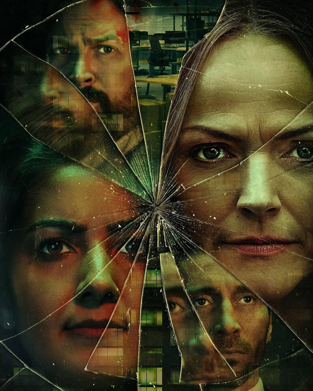 Movie poster featuring four actors behind broken glass, creating a fractured and intense visual for a thriller or drama film.
