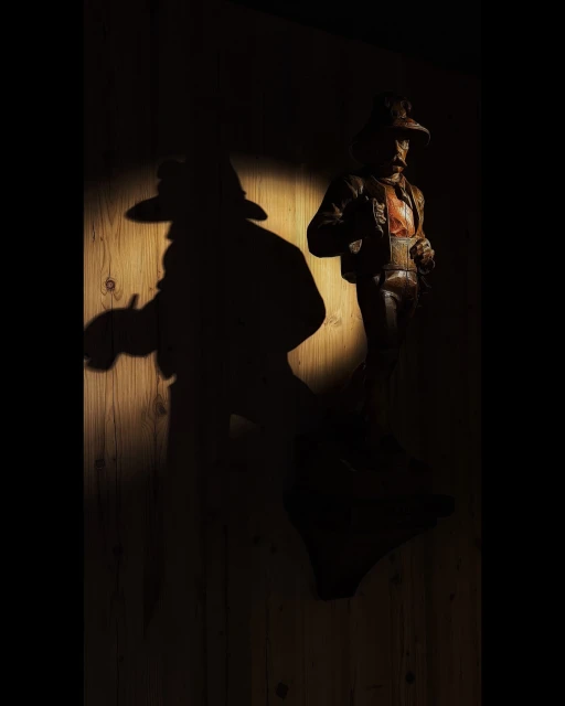 Wooden carving of a man in a hat and jacket is lit to cast a dramatic shadow on a wood-paneled wall, creating a vintage atmosphere.