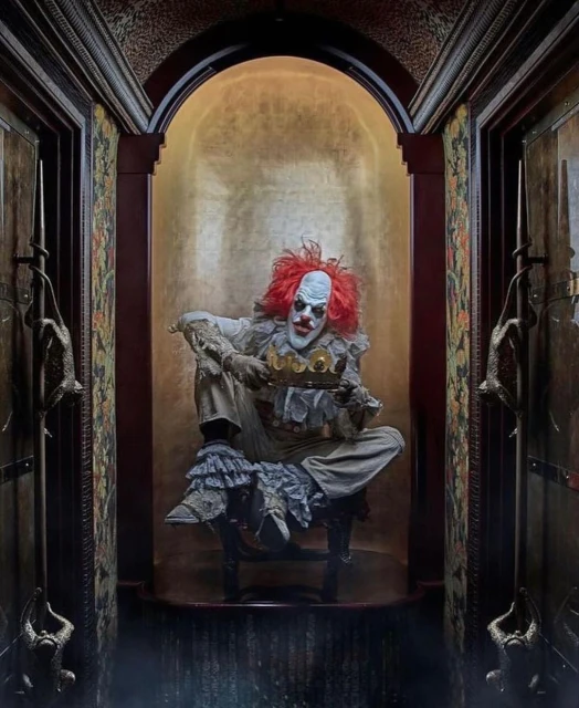 Creepy clown with red hair and white face paint sits holding a gold crown against a gold backdrop in a dark, interior scene.
