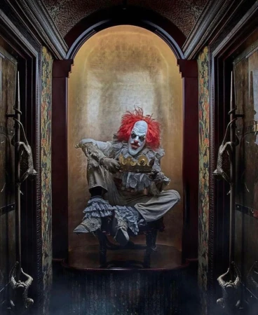 Creepy clown with red hair and white face paint sits holding a gold crown against a gold backdrop in a dark, interior scene.