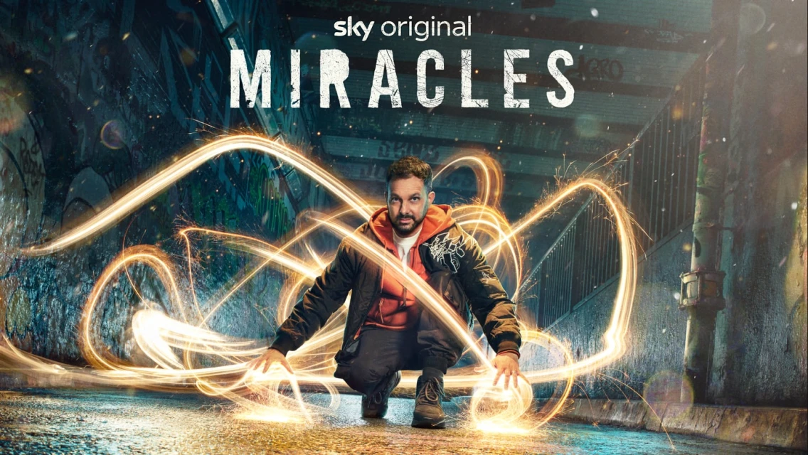 Promotional image for Sky Original Miracles: An adult male crouches amidst swirling golden light trails in a gritty urban tunnel setting.