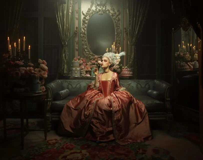 Woman in elaborate pink gown and white wig sits on a blue couch in a dimly lit room with flowers, cake and candelabras.