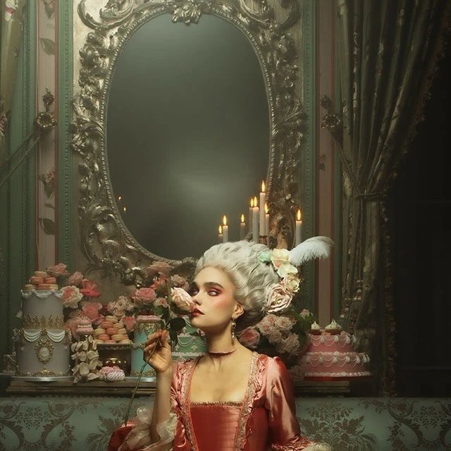 Woman in historical costume holding rose with cakes, candles, and ornate mirror in the background in an opulent room interior.