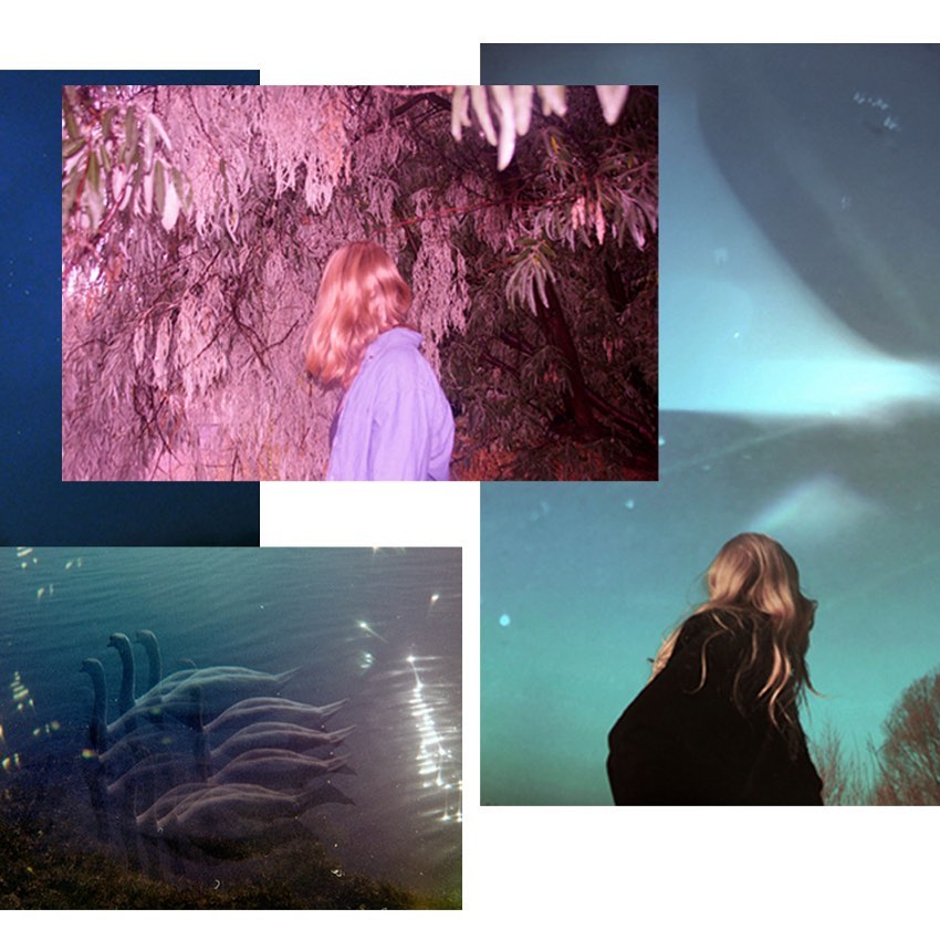 Blonde woman in outdoor setting with layered images, including swans in water and night sky. Creative, surreal composition.