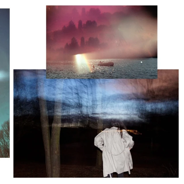Dreamlike collage featuring a lake with boat under pink sky, blurred forest, and person in a white coat in a dark, outdoor setting.