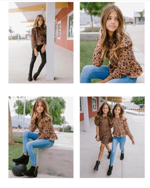 Four images show two young girls in leopard print outfits posing in an outdoor setting with natural light and shadows. Fashion concept.