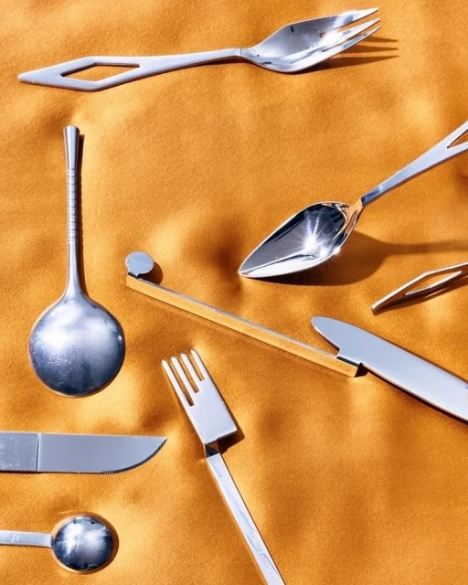 Silverware arrangement on gold fabric. Includes forks, spoons, and knives in a studio setting, showcasing modern design and aesthetics.