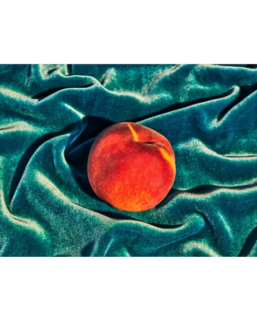 A single peach rests on a vibrant turquoise velvet fabric, creating a visually appealing contrast of color and texture in the studio shot.