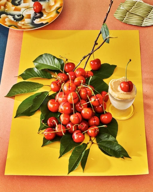 Arrangement of fresh red cherries with leaves on a yellow surface, alongside a small dessert, presented in a well-lit studio.