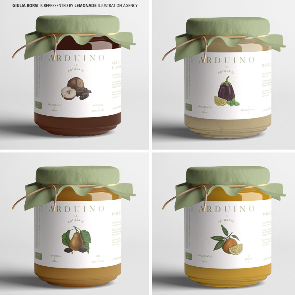 Four jars of fruit preserves or jam with green lids, each featuring a different fruit illustration on the label.